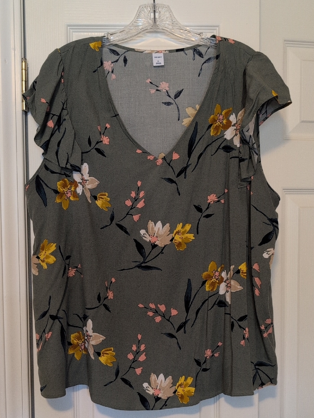 Old Navy Olive Floral V-Neck Ruffle Sleeve Blouse